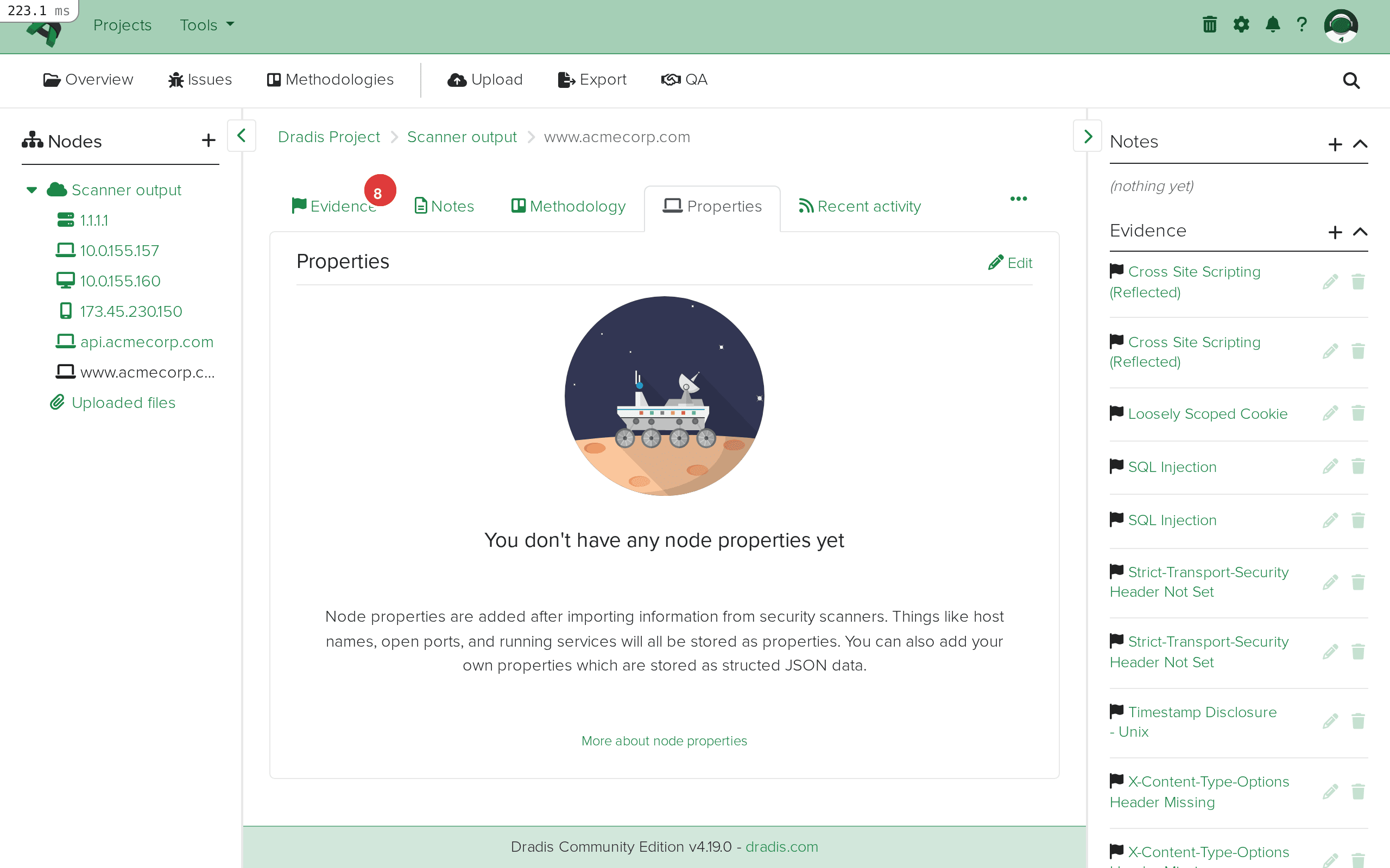 Host node showing associated evidence