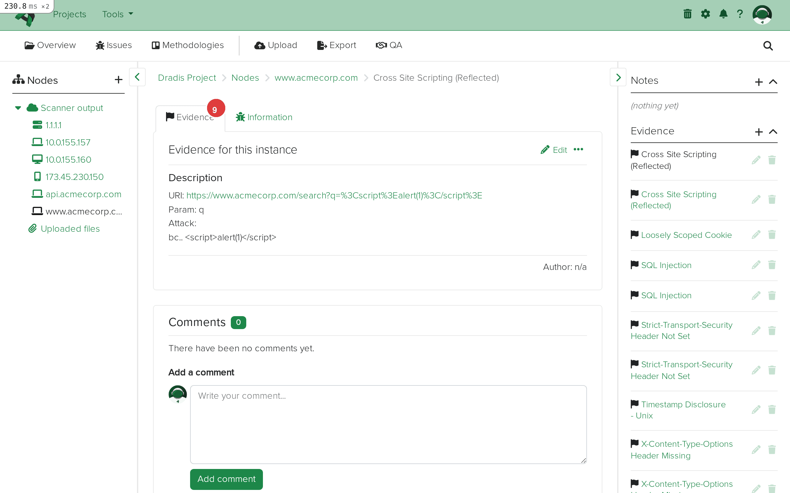 Evidence detail with URI, parameter, and attack data