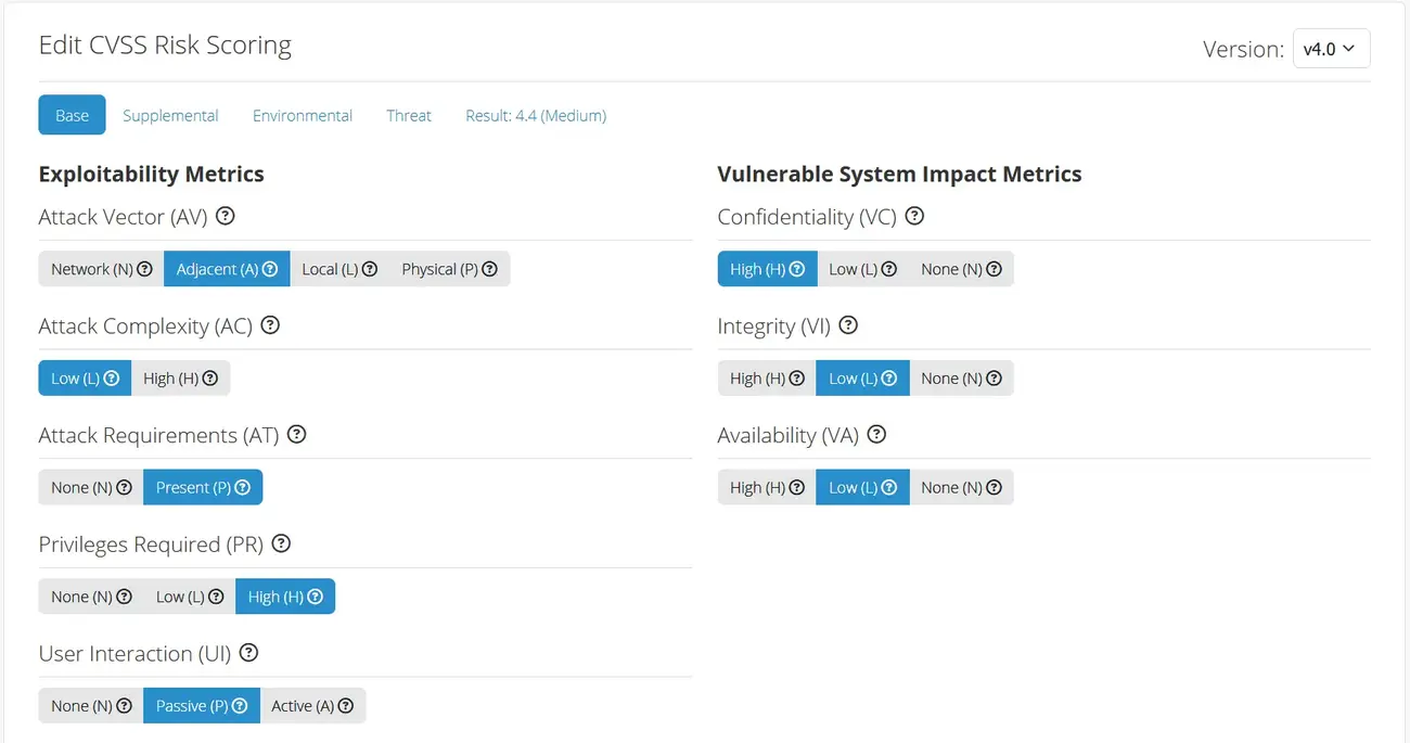 Screenshot of the CVSSv4 calculator for an issue