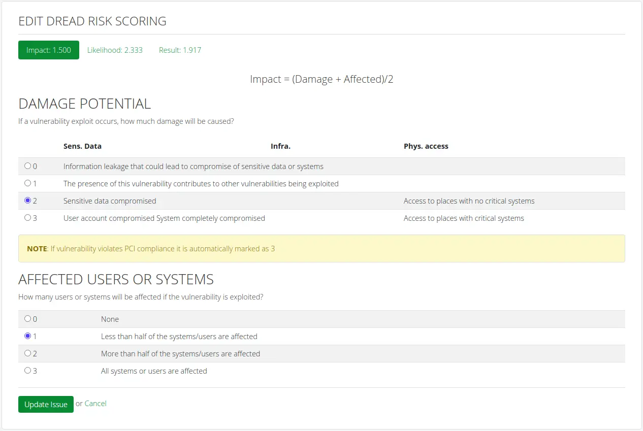 Screenshot of the DREAD calculator in action