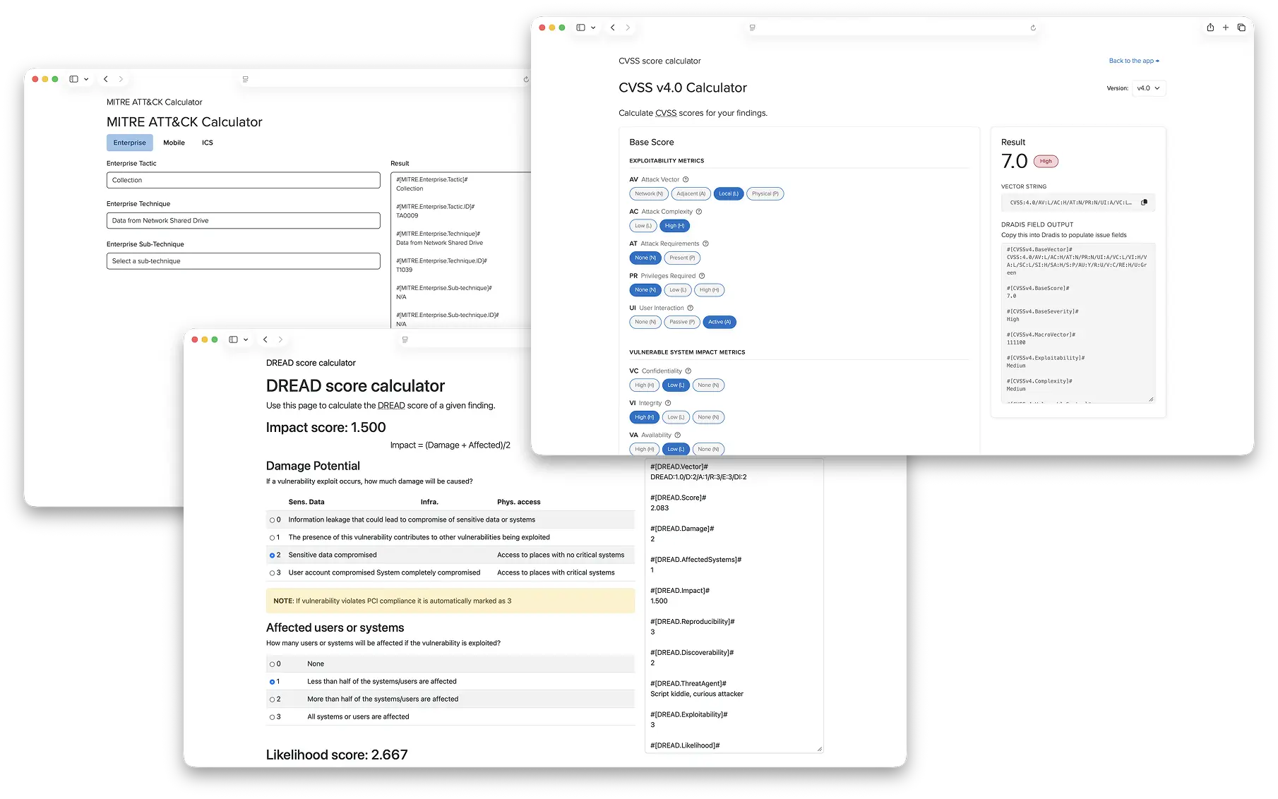 Dradis CVSSv4, DREAD, MITRE ATT&CK built-in calculators