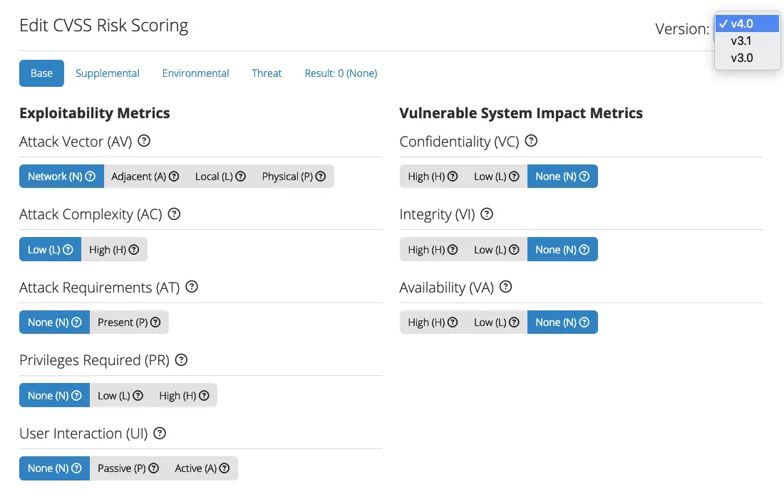 Screenshot of a the CVSSv4 calculator