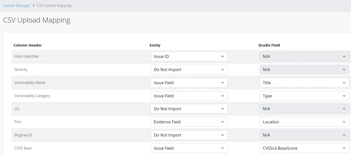 Screenshot of the CSV parser mapping fields to a Dradis project