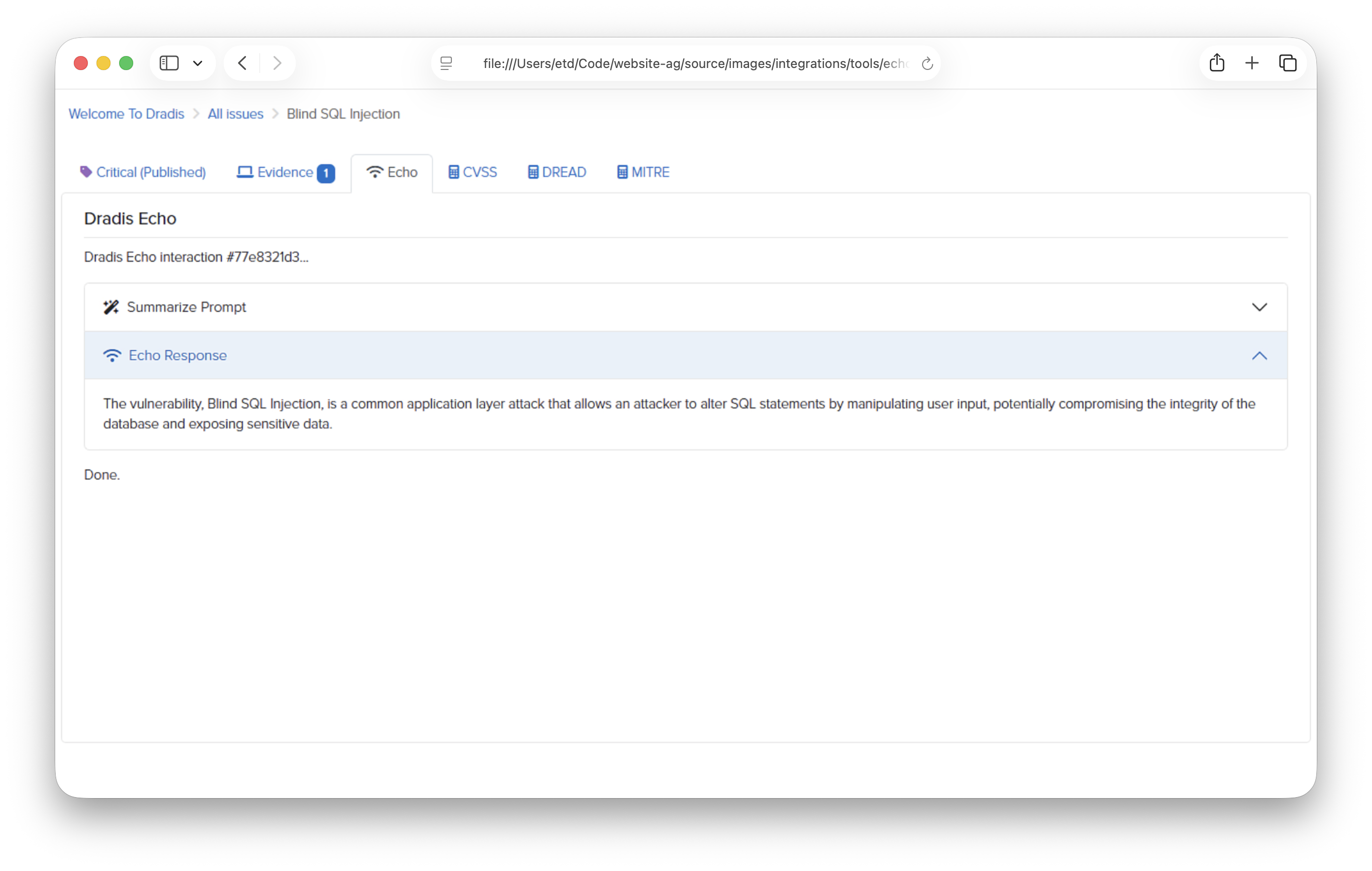 Screenshot of Dradis Echo finding enhancement interface