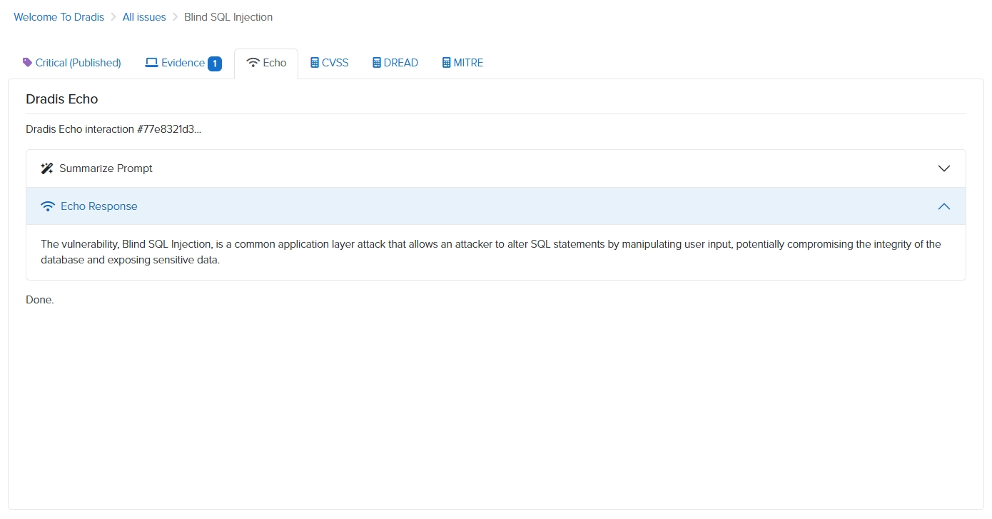 Screenshot of Dradis Echo finding enhancement interface
