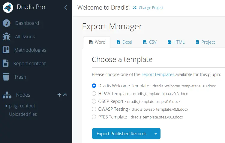 Screenshot of the Export page to custom Word report templates