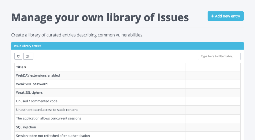 Screenshot of a seeded Dradis Issue Library