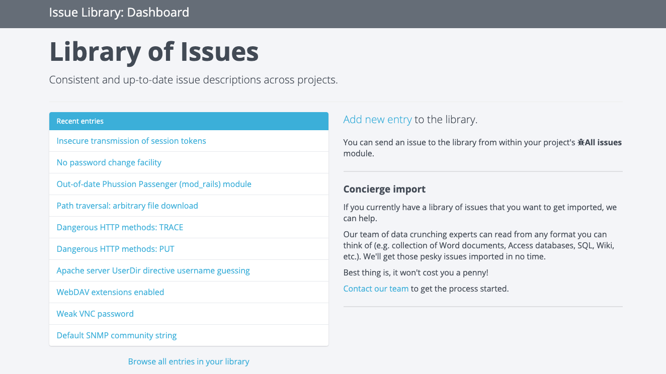 IssueLibrary dashboard view