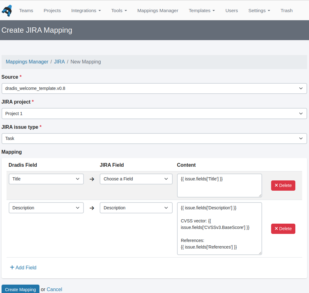 Screenshot of Jira field mapping