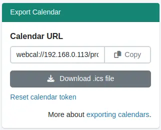 Screenshot of the calendar ics sync and download frame