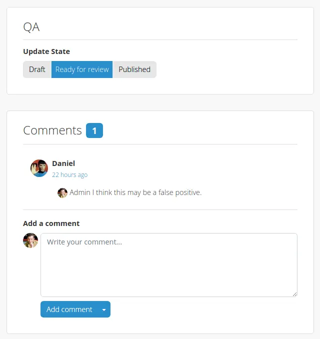 Screenshot of Dradis QA state and comments