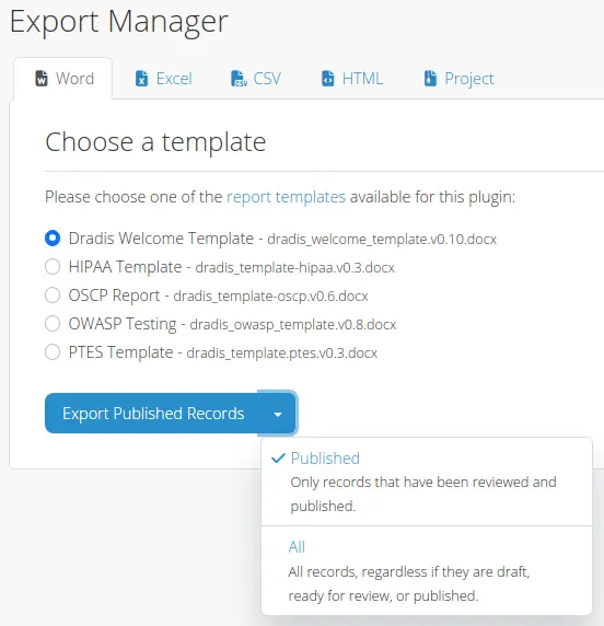 Screenshot of Dradis export page with publishing choices