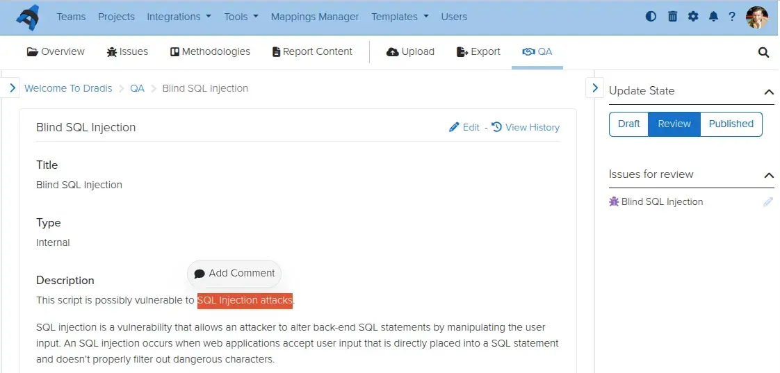 Screenshot of inline comments in the Dradis QA workflow