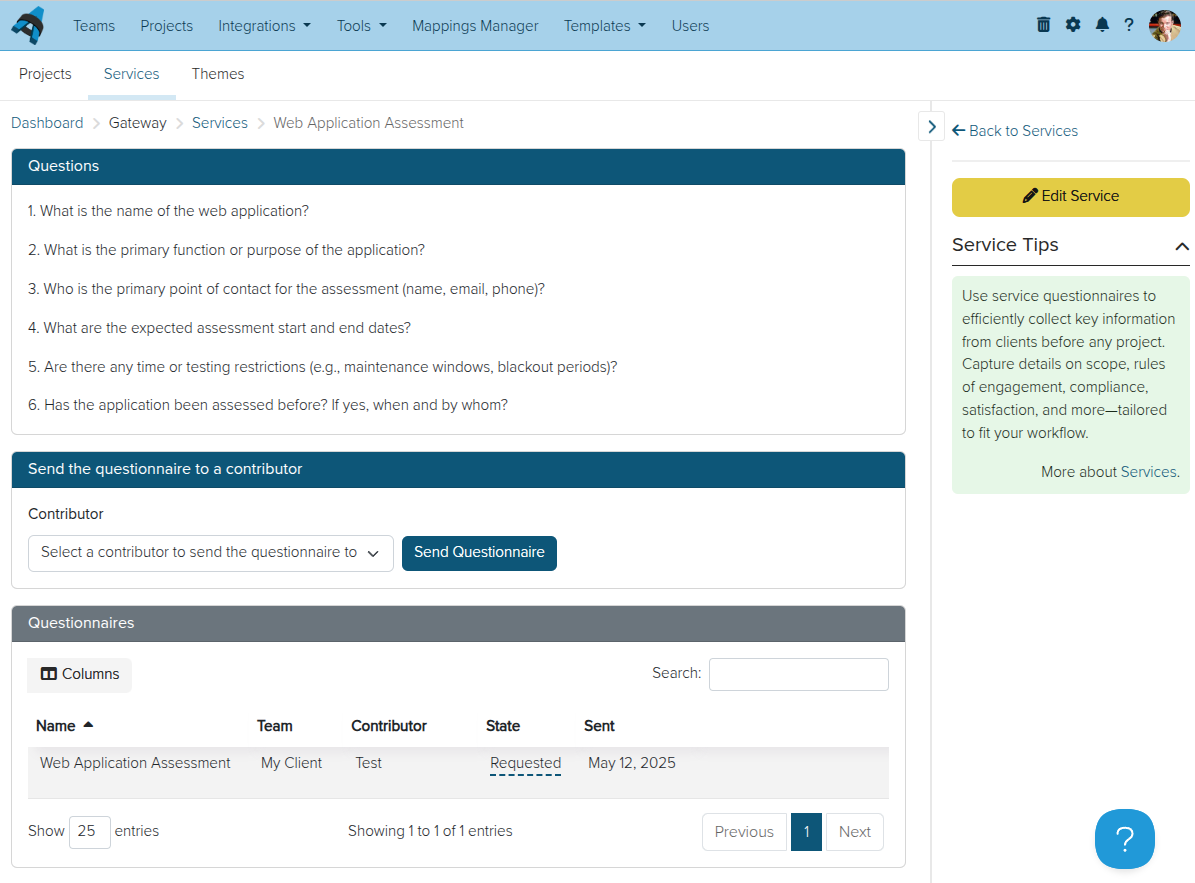 Screenshot of a contributor filling out a project questionnaire in Dradis Gateway