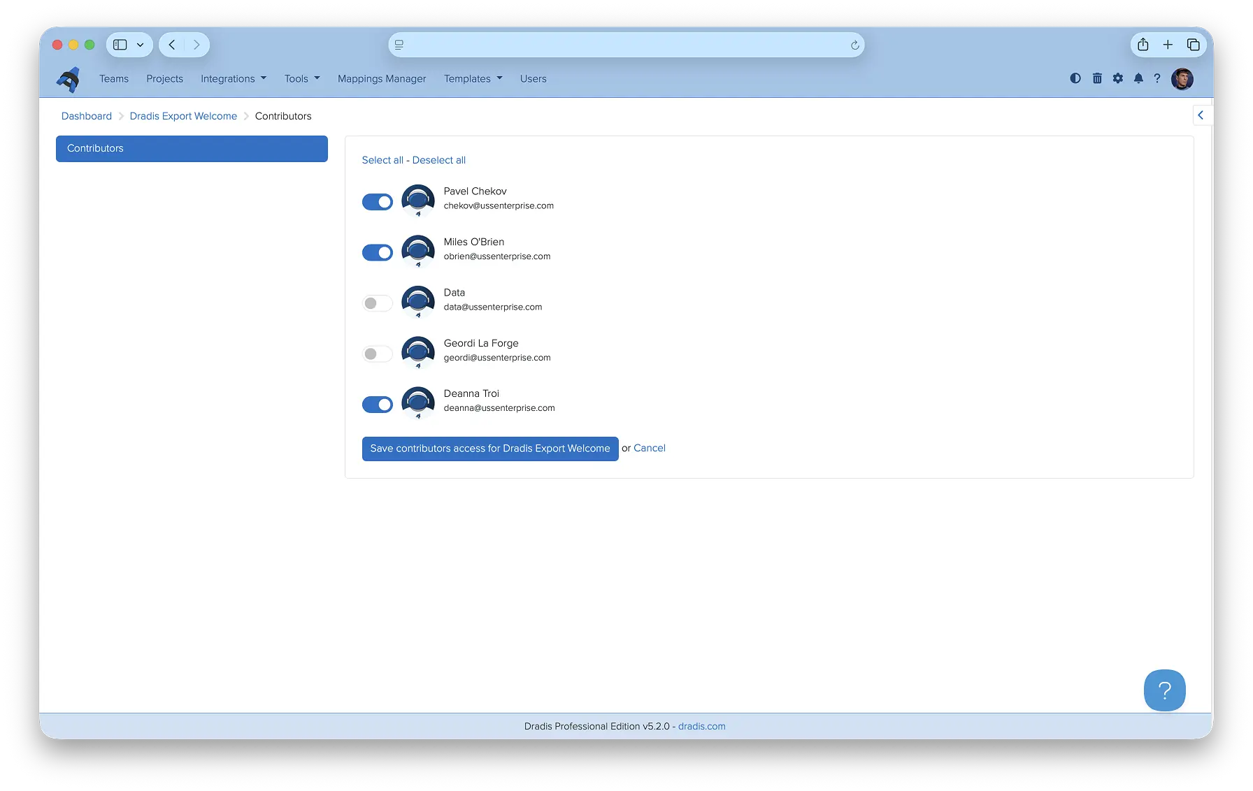Results Portal project settings showing contributors and the option to remove the project
