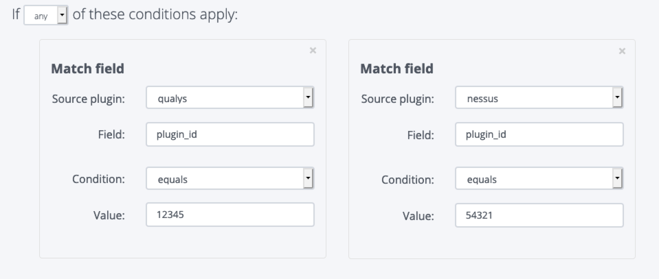 Screenshot showing a rule to de-duplicate findings from two tools