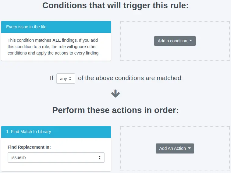 Screenshot of the Rules Engine IssueLibrary replacement rule