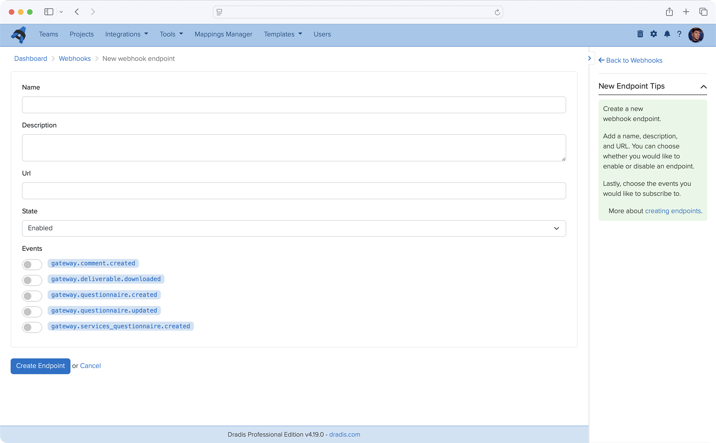 Dradis webhook setup interface showing event selection, destination URL, and payload preview