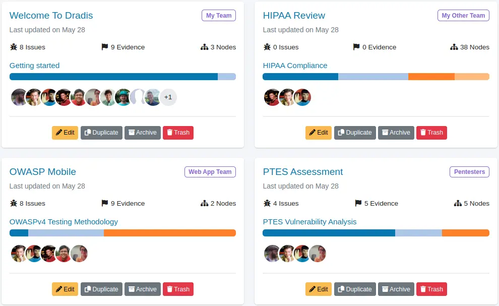 Project selection view, with most recent projects highlighted at the top