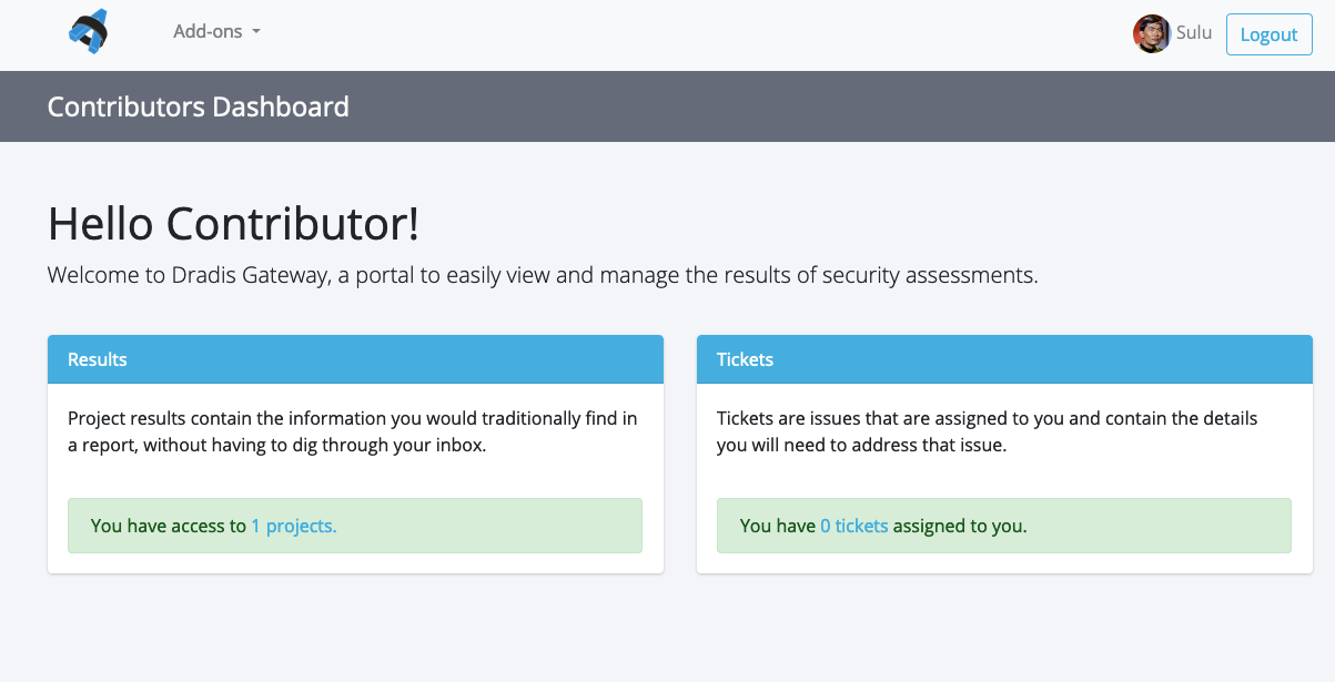 Contributor dashboard view of Dradis Gateway screenshot