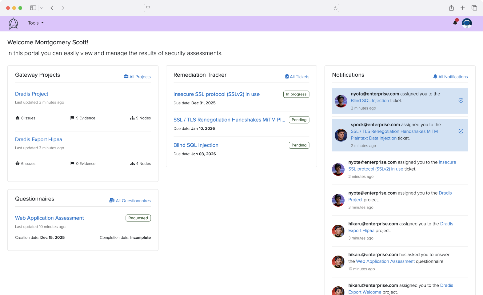 Contributor dashboard view of Dradis Gateway screenshot