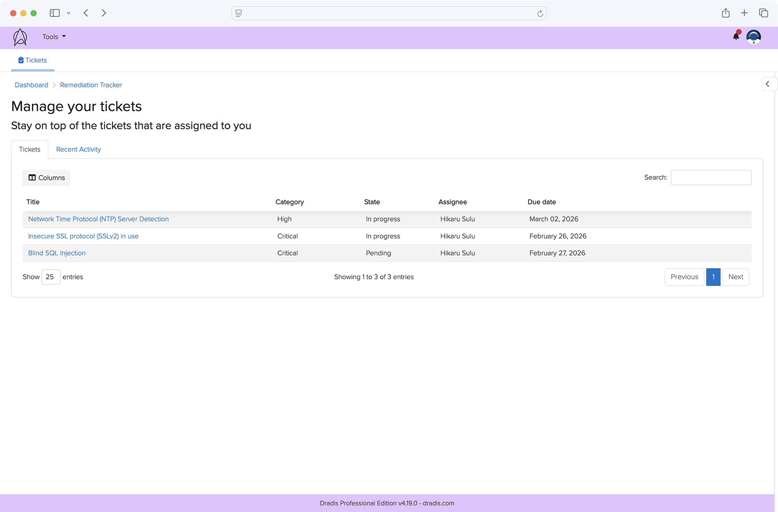 Screenshot of several open security vulnerability tickets to be fixed