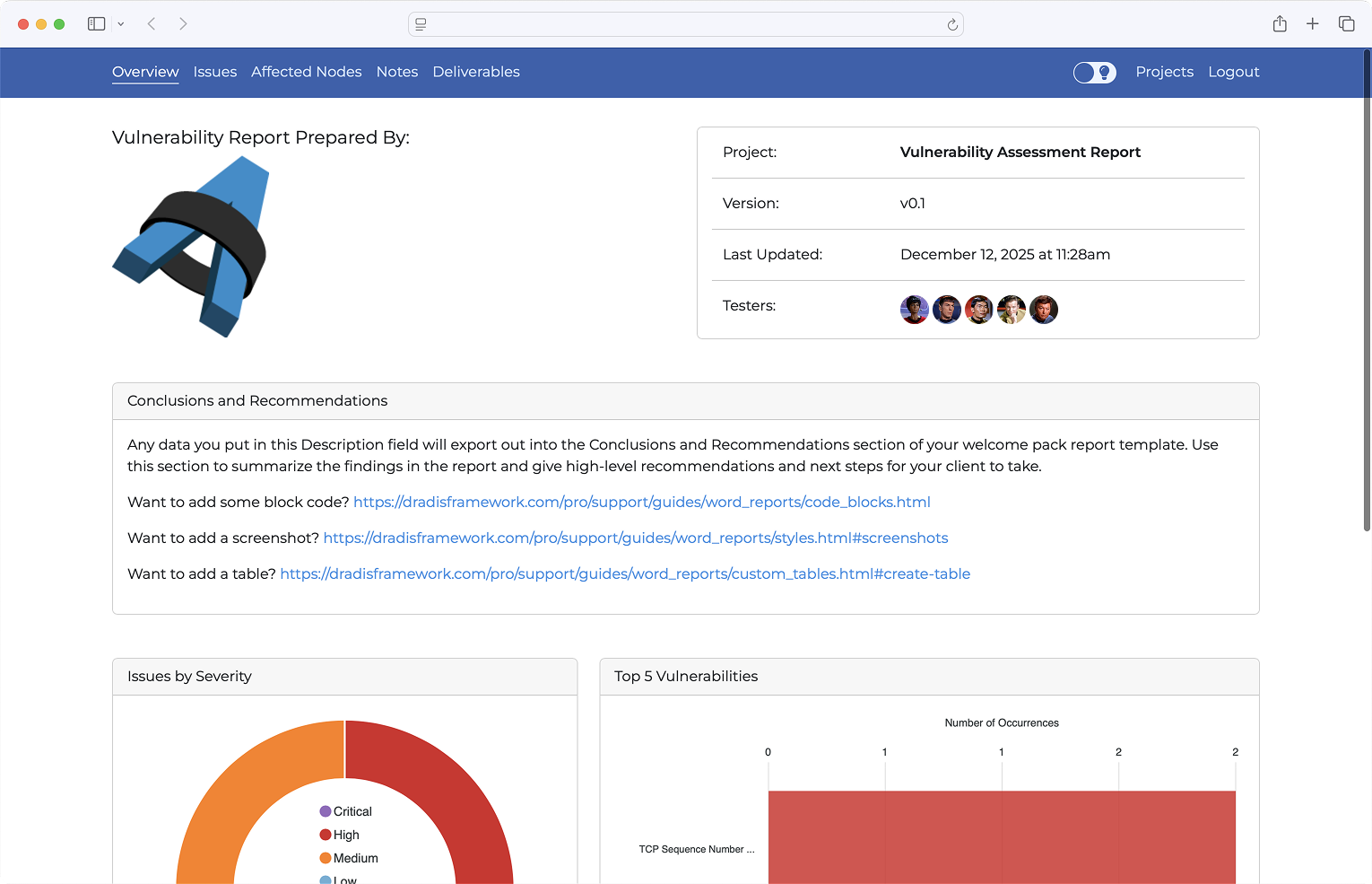 Dradis Gateway portal contributor dashboard showing list of security assessment results and option for remediation tracking