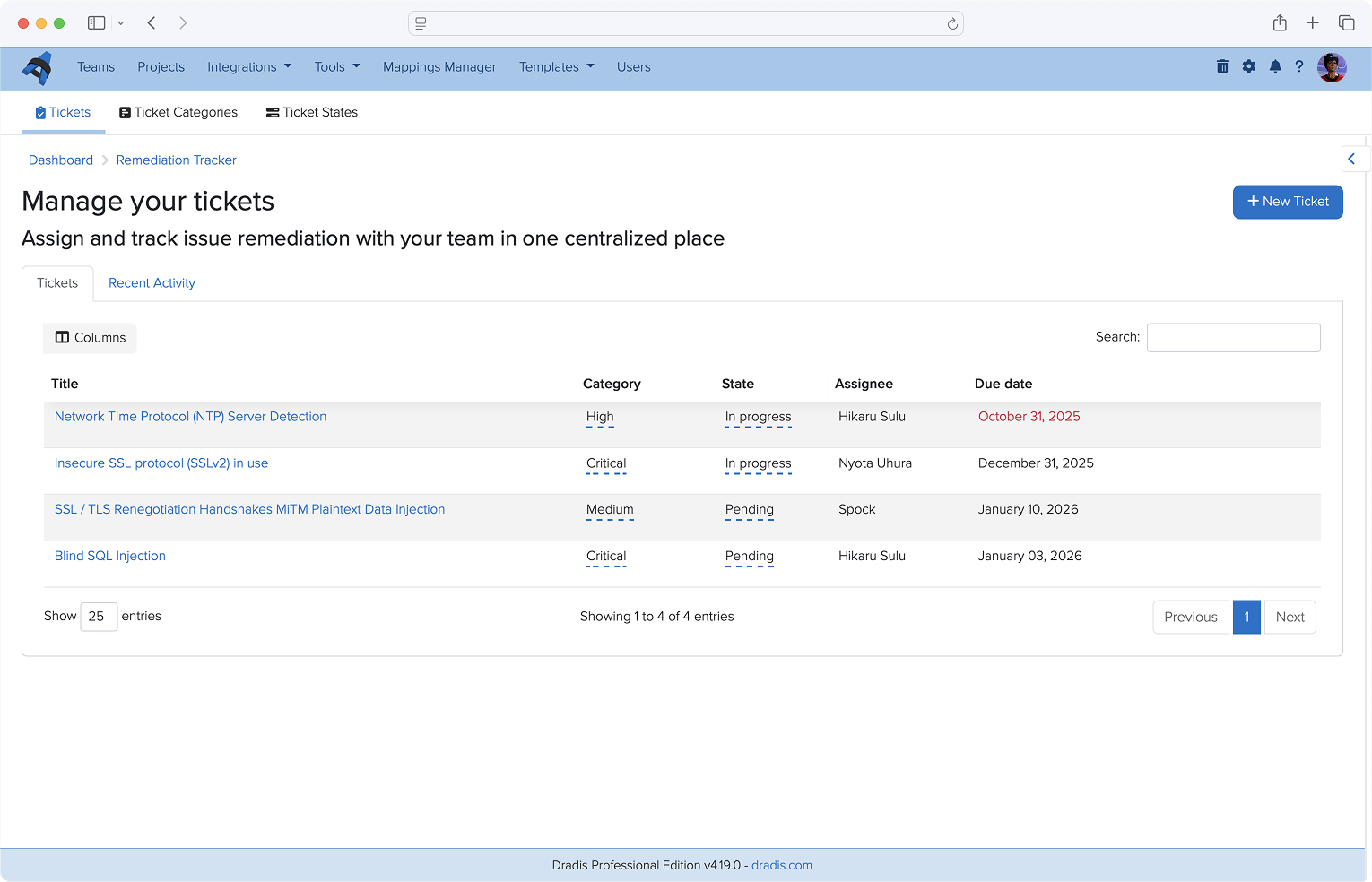 The Remediation Tracker tickets view