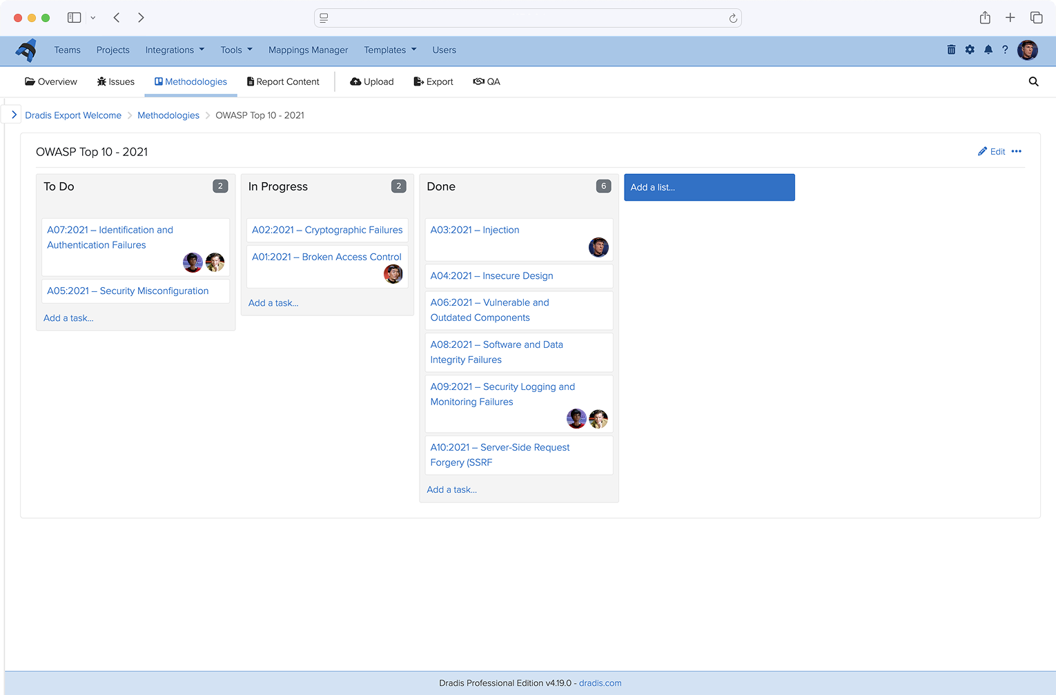 Screenshot showing a testing methodology board with tasks assigned to team members