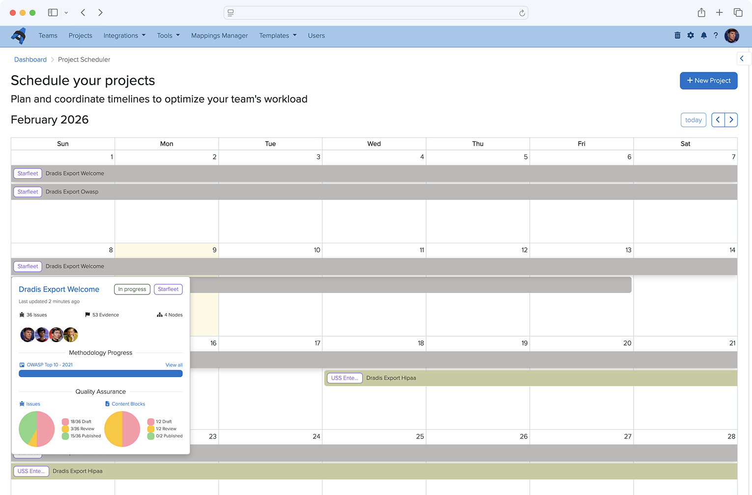 Screenshot of Dradis' Project scheduler showing calendar view