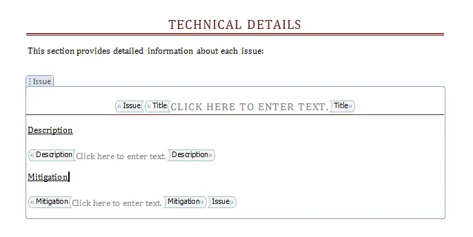 Screenshot of a pentest report template with more advanced layout and placeholders