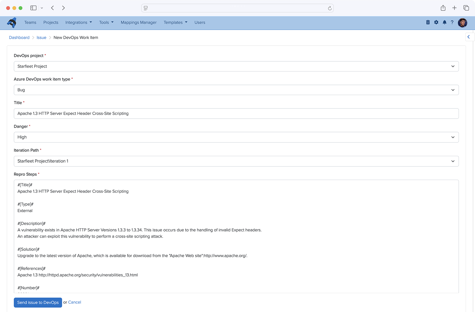 Dradis Azure DevOps integration showing synced work items