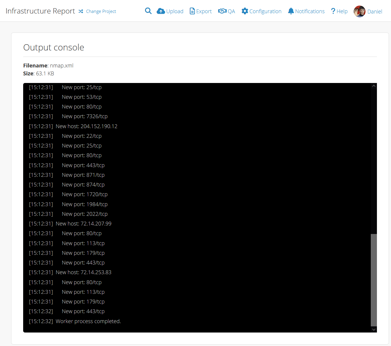 Sample run of file upload: Nmap XML results file