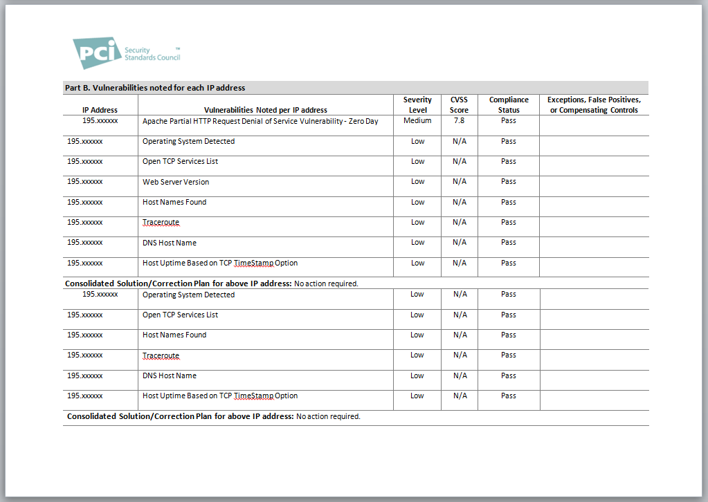 Shows a report showing all the required fields for a PCI ASV report.