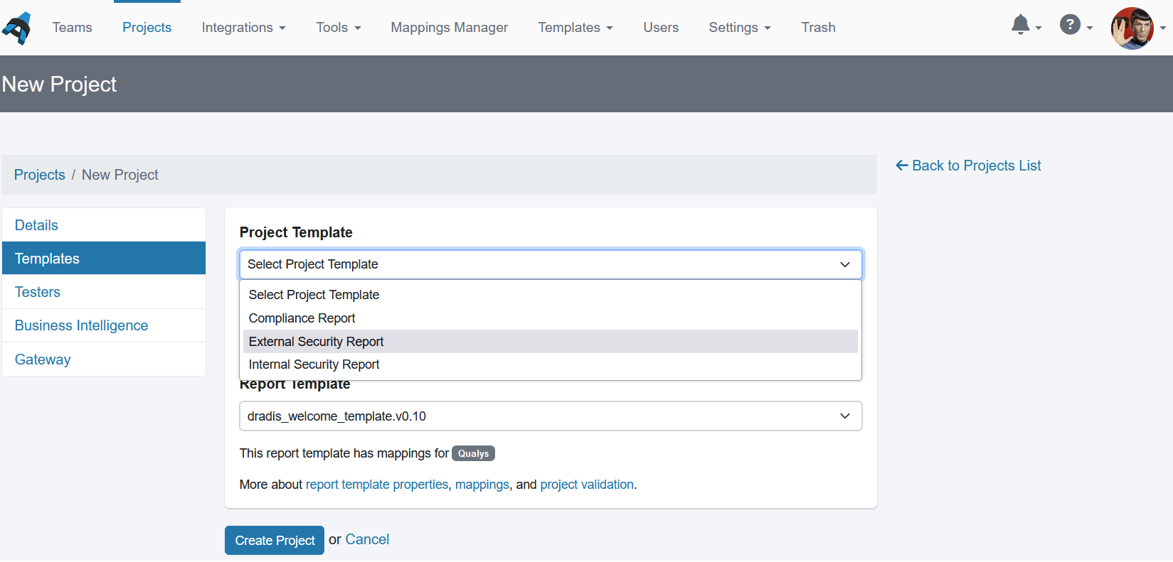 Shows the project creation page with a drop down list with the available methodologies.