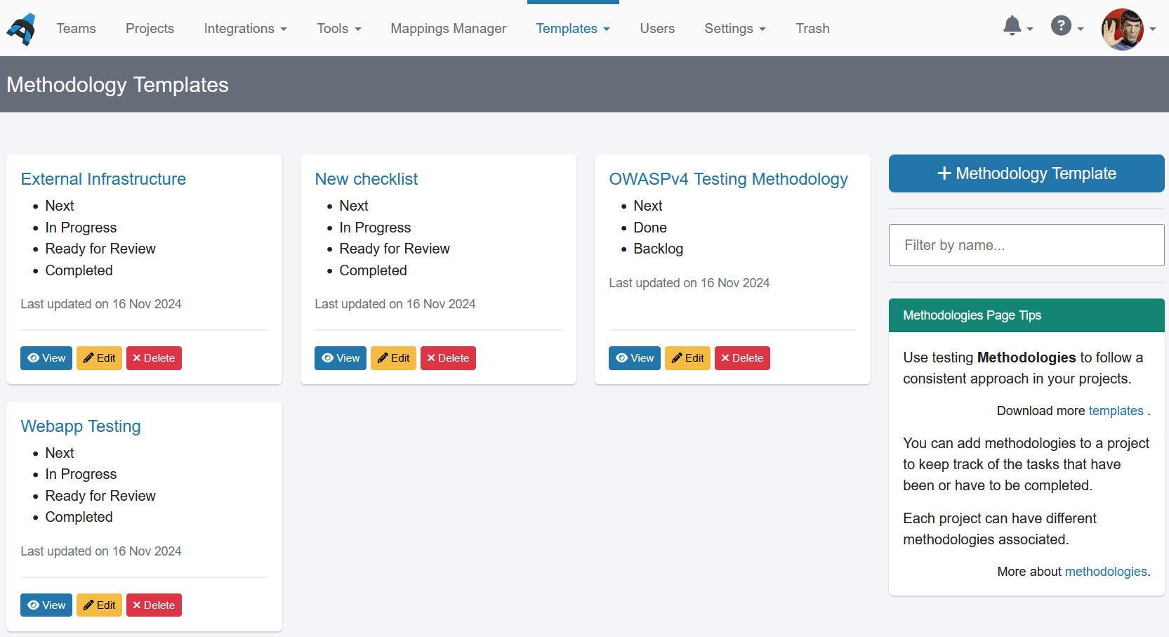 Shows the methodology manager interface.