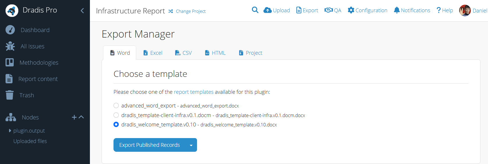 The Export Manager lets you choose the plugin and template before generating the report.