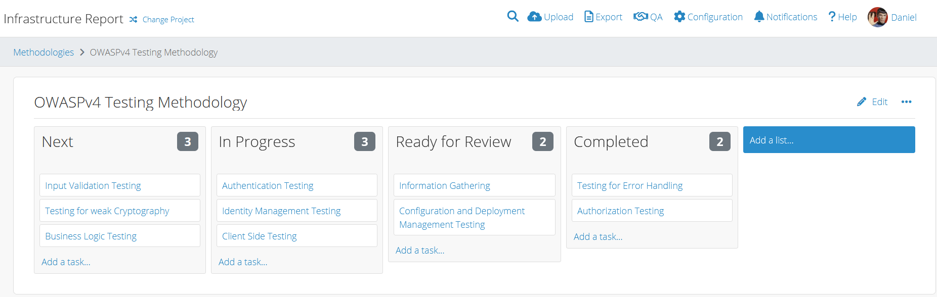 Shows the methodologies in use, tick off items as you go along.