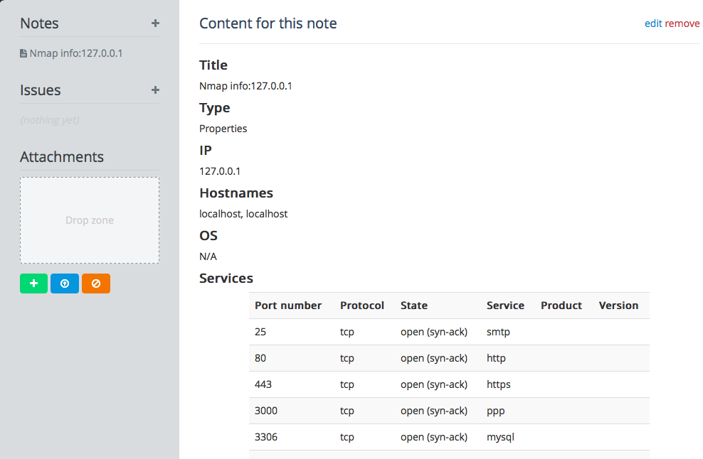 A screenshot of the content generated by the Nmap plugin showing host names, IPs, a list of services in table format, etc.