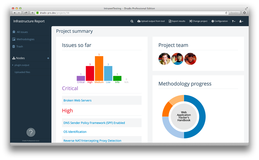 The Project Summary view with Findings Chart, Methodology Progress and Project Team components.